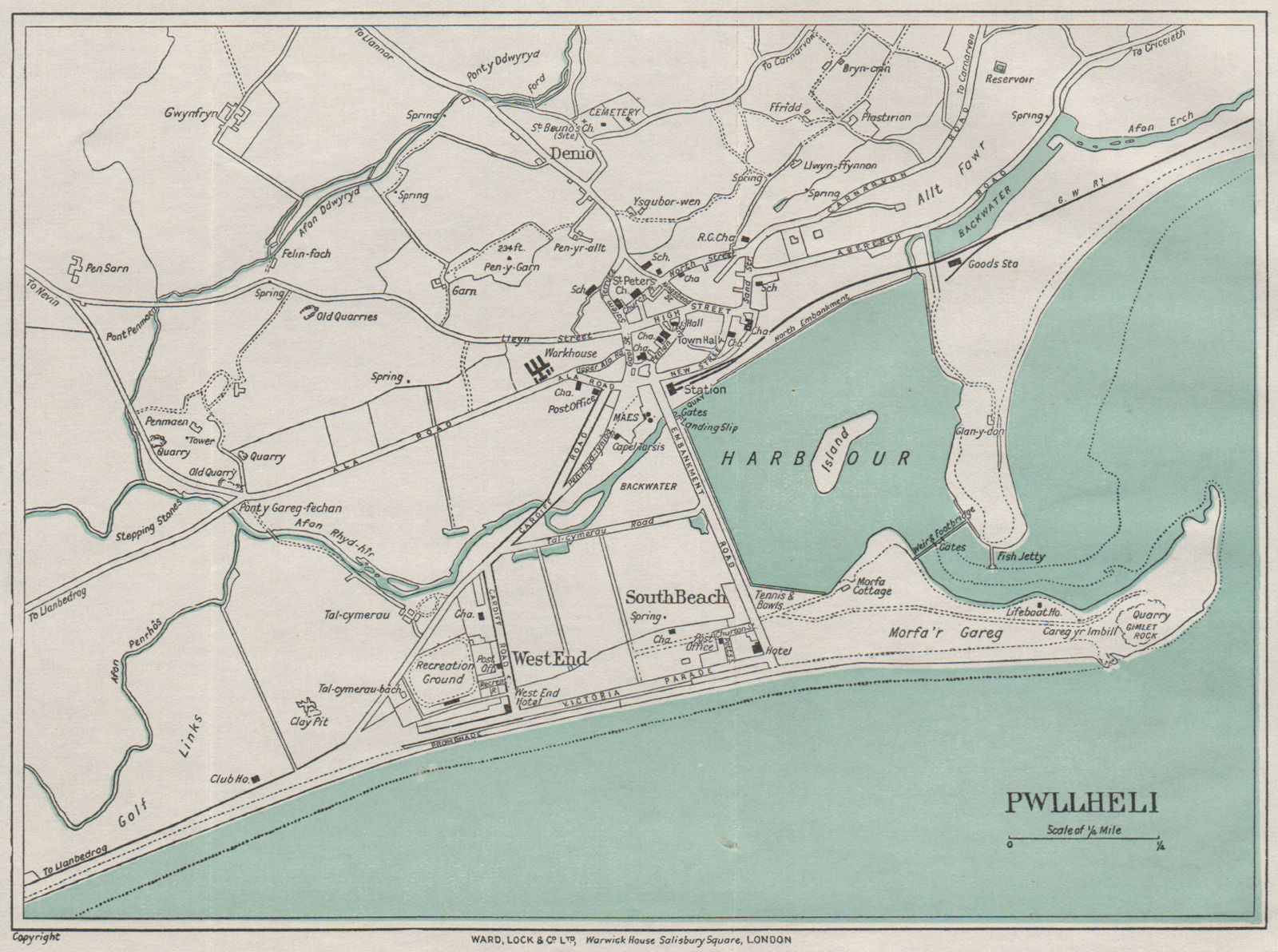 PWLLHELI vintage town/city plan. Wales. WARD LOCK 1935 old vintage map chart
